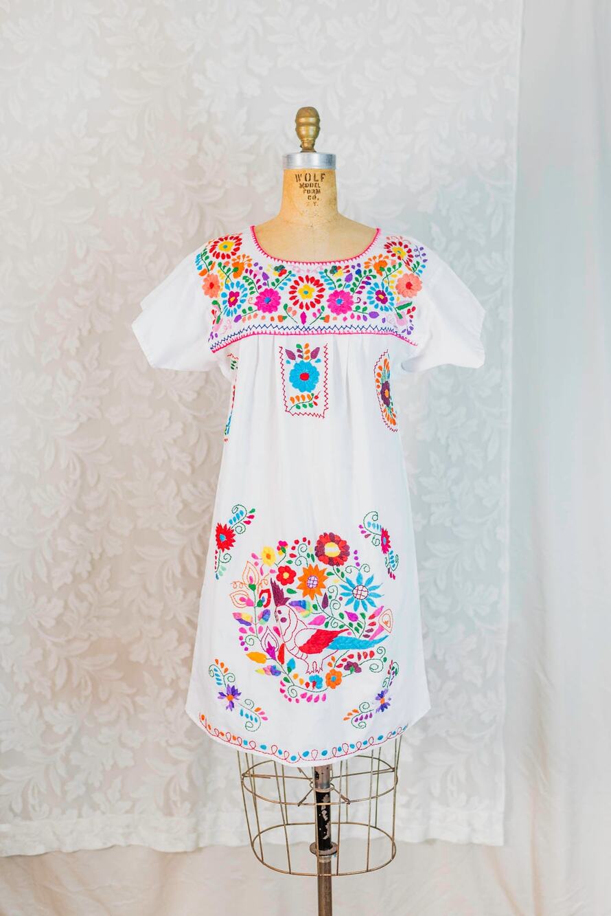 Vintage Oaxacan Dress, Mexican Embroidered White Midi Colorful Folk Art Boho, S